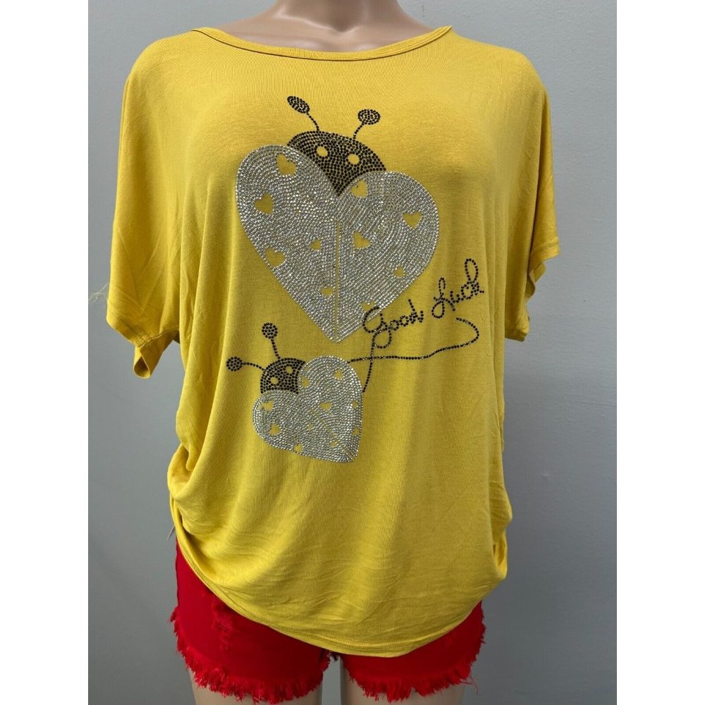 Womens Cap Sleeve Tee shirt Blouse Mustard Sparkle Rhinestones Silver S/M